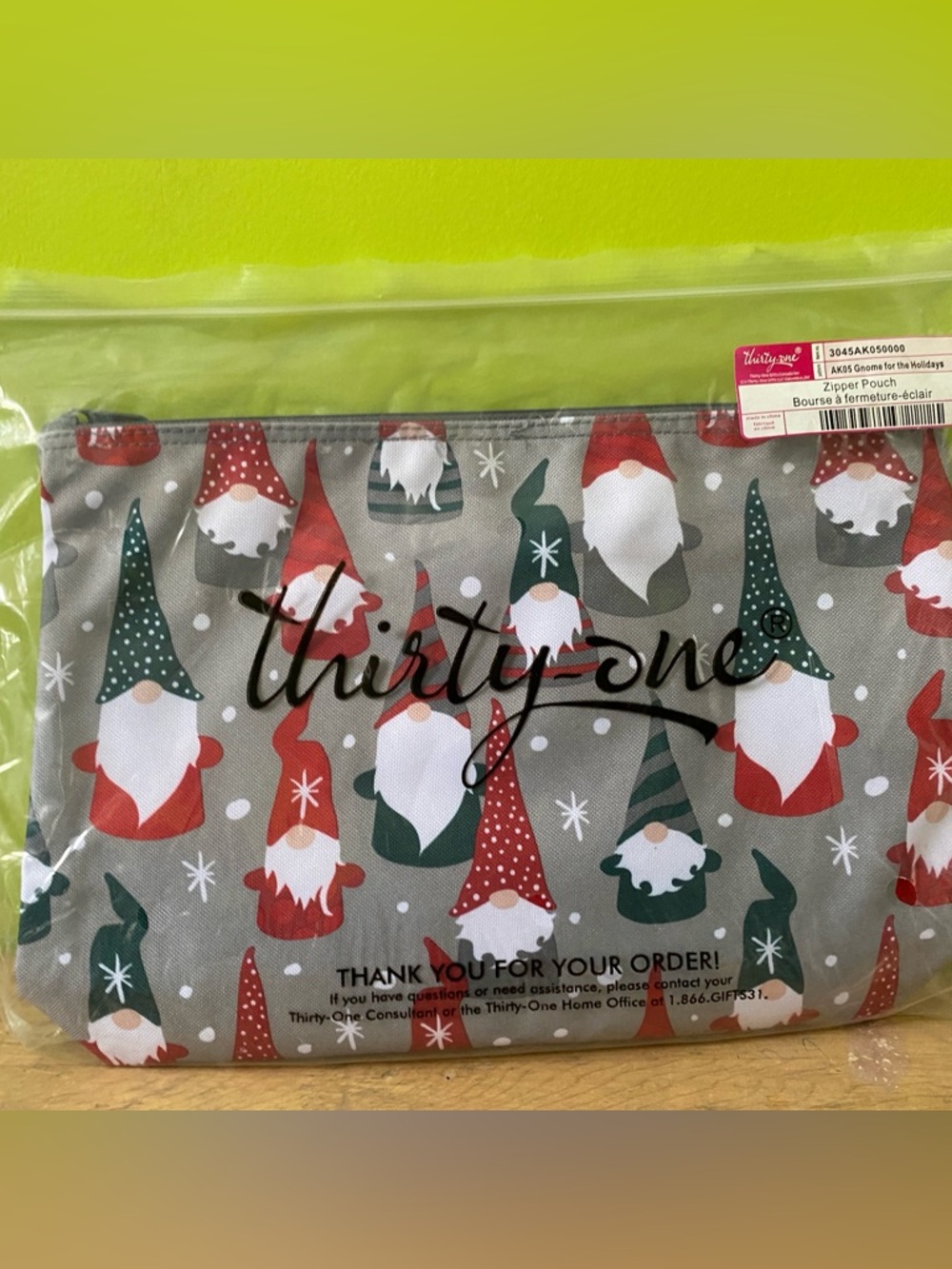thirty-one Gnome Holiday Zipper Pouch in Gray, Red, Green & White